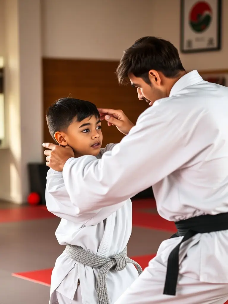 A confident karate student demonstrating a self-defense technique, highlighting practical skills and empowerment in a real-world scenario.