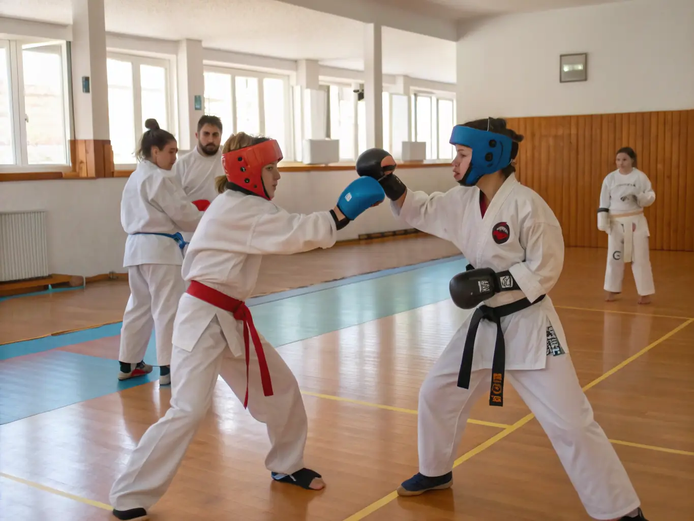 An image of teenagers and young adults engaged in sparring during an advanced karate class, showcasing agility and focus.