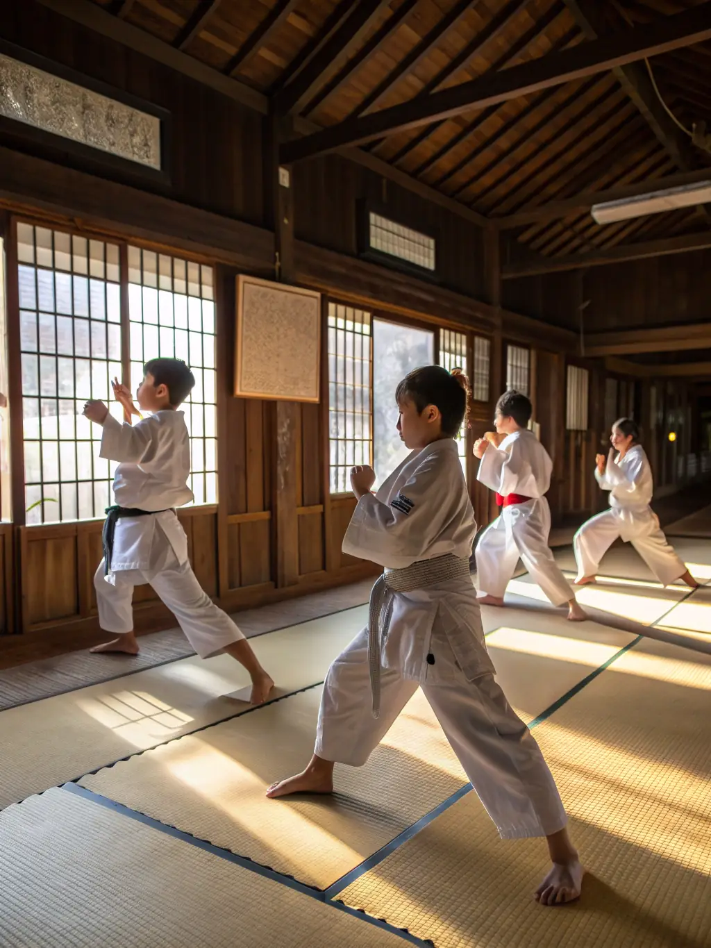 A serene image of students practicing Kata (forms) in a traditional dojo setting at KARATE IN LIVING LANDS, highlighting precision and mental focus.