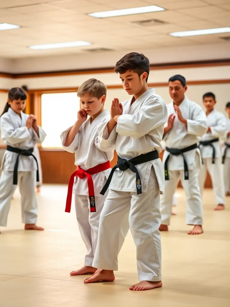 A dynamic image of teenagers and young adults engaged in sparring during an advanced karate class at KARATE IN LIVING LANDS, showcasing agility and technique.