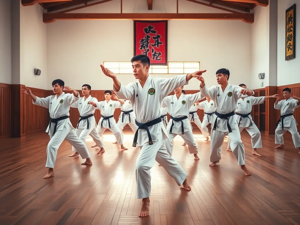 A serene image of senior karate practitioners performing kata, emphasizing the grace and precision of their movements.
