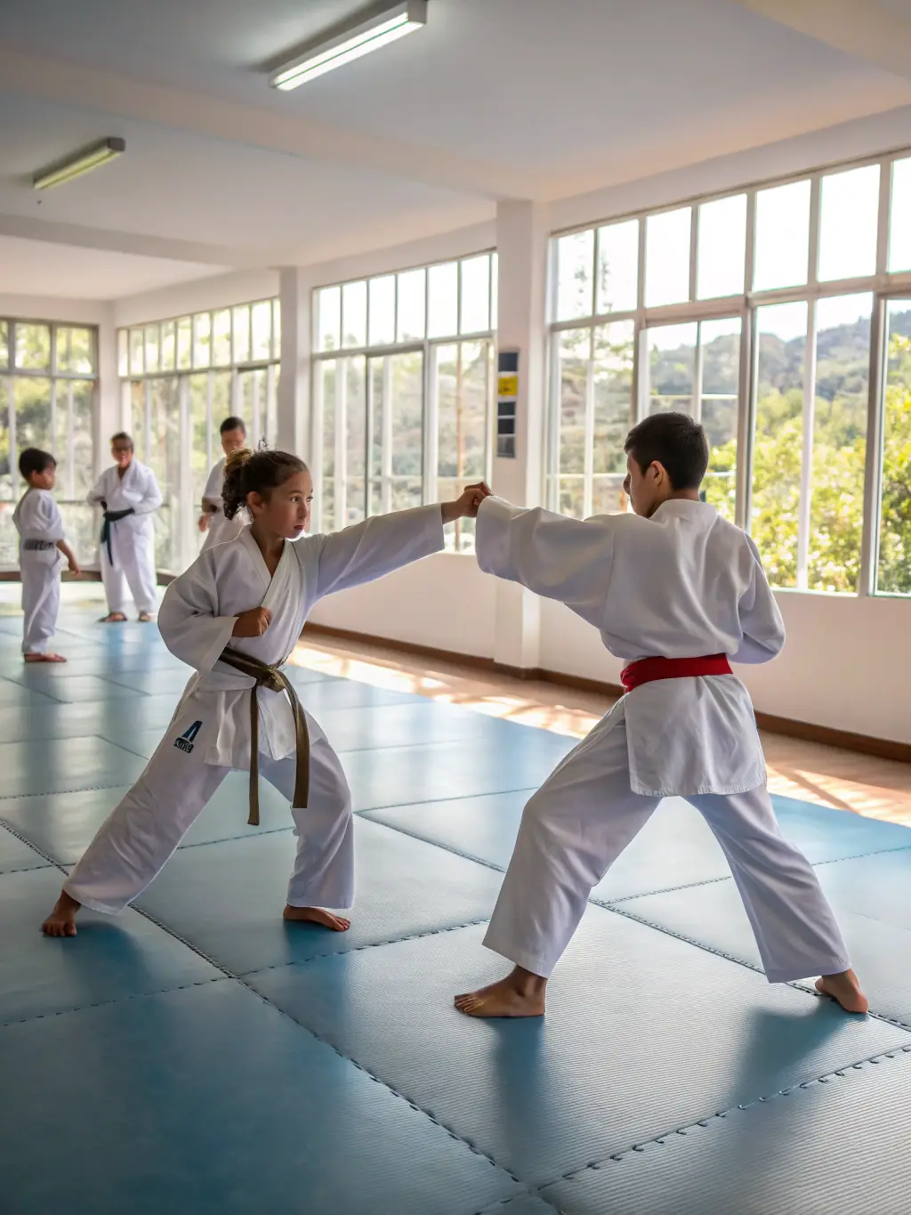 An action shot of students participating in a Kumite (sparring) session at KARATE IN LIVING LANDS, demonstrating practical application of karate skills in a controlled environment.