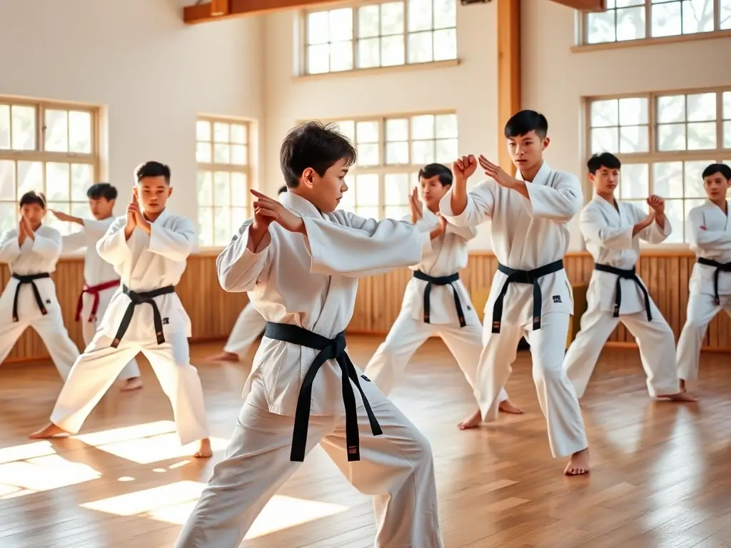 A dynamic image of young children in karate uniforms practicing basic stances under the guidance of an instructor, set in a traditional dojo.