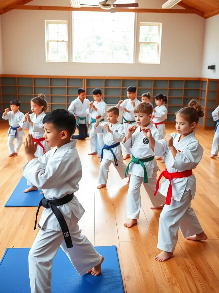 A group of karate students of different ages and backgrounds interacting positively, showcasing teamwork and camaraderie in a dojo setting.