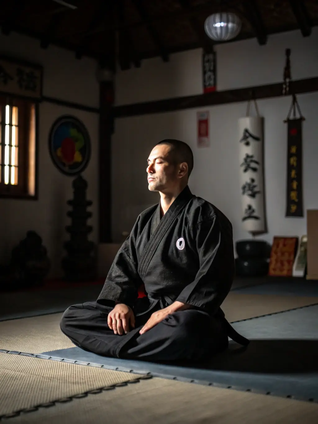 A serene image of a karate practitioner meditating, emphasizing mental focus and discipline, with soft, natural lighting.