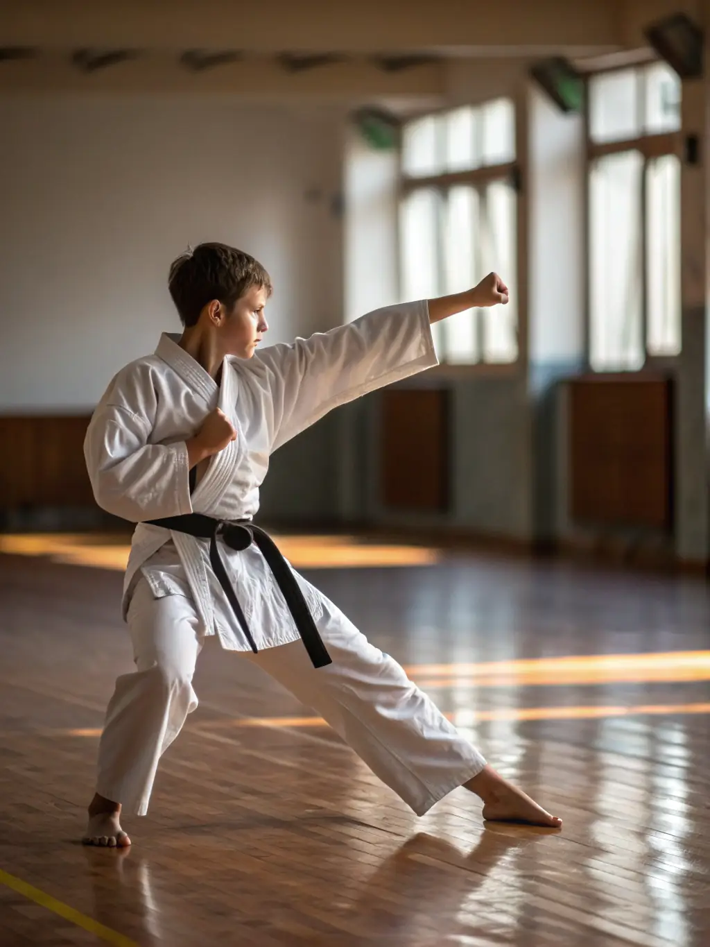 A focused image of a karate student performing a kata, demonstrating balance and precision, set in a traditional dojo.